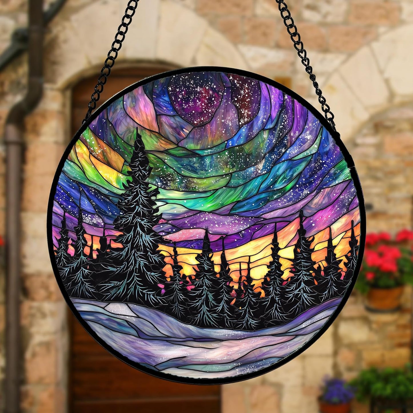 Stained Glass Window Hanging, Van Gogh Night Scene Sun Catchers Colorful Glass Panel Starry Sky Suncatcher Decor for Birthday for Women, Men, Wife, Aunt, and Mom 6.3 in