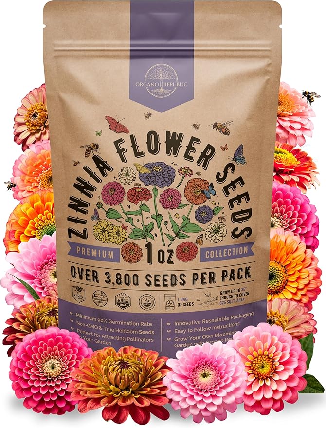 Zinnia Seeds Pack 1 oz - Over 3,800 Non-GMO Heirloom Zinnia Seeds for Planting, Annual Flowers in Individual Seed Packet, Flower Seed for Planting Home Garden Indoor & Outdoor Gardening