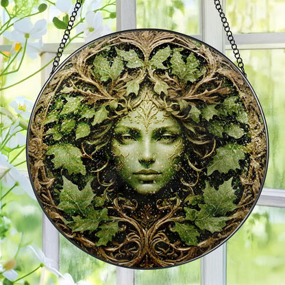 Green Man Stained Glass Suncatcher, Stained Glass Window Hanging, 8 Inch Window Decor Hanging, Gift for Garden Lovers, Mothers Day Birthday Gifts for Mom Grandma Women Sister Wife Lady Lover