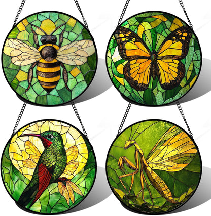 Stained Glass Window Hanging 4 Pcs Set Green Plants Yellow Insect Theme 6.3" - Suncatcher Door Garden Sun Catcher Decor Birthday Christmas for Mom Woman Nana Men