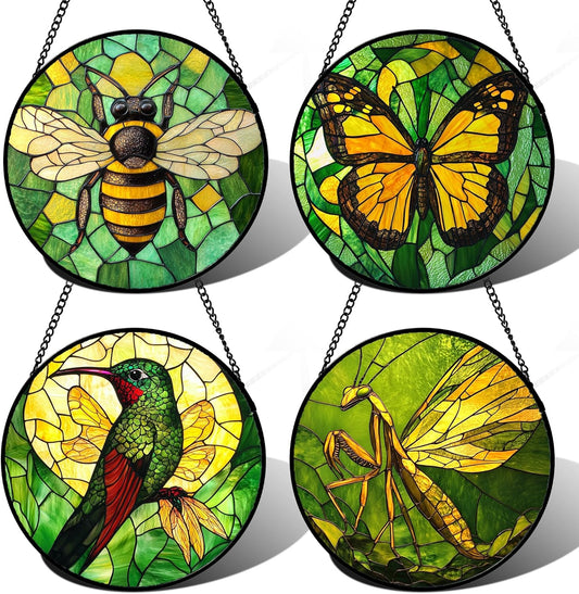 Stained Glass Window Hanging 4 Pcs Set Green Plants Yellow Insect Theme 6.3" - Suncatcher Door Garden Sun Catcher Decor Birthday Christmas for Mom Woman Nana Men