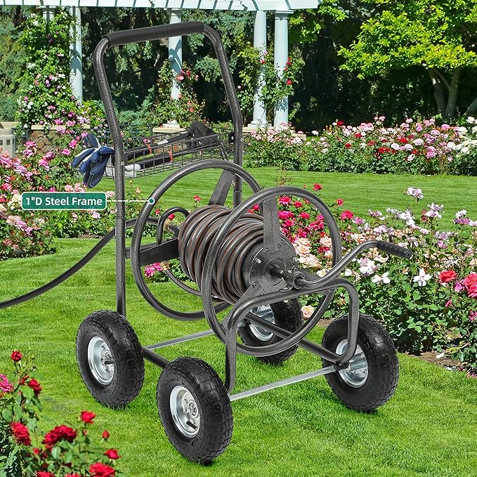 Garden Water Hose Reel Cart - 250 ft. Capacity, 10" Pneumatic Tires, Powder-Coated Steel Frame for Tangle-Free Garden Hose Storage