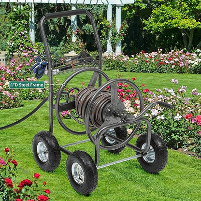 Garden Water Hose Reel Cart - 250 ft. Capacity, 10" Pneumatic Tires, Powder-Coated Steel Frame for Tangle-Free Garden Hose Storage