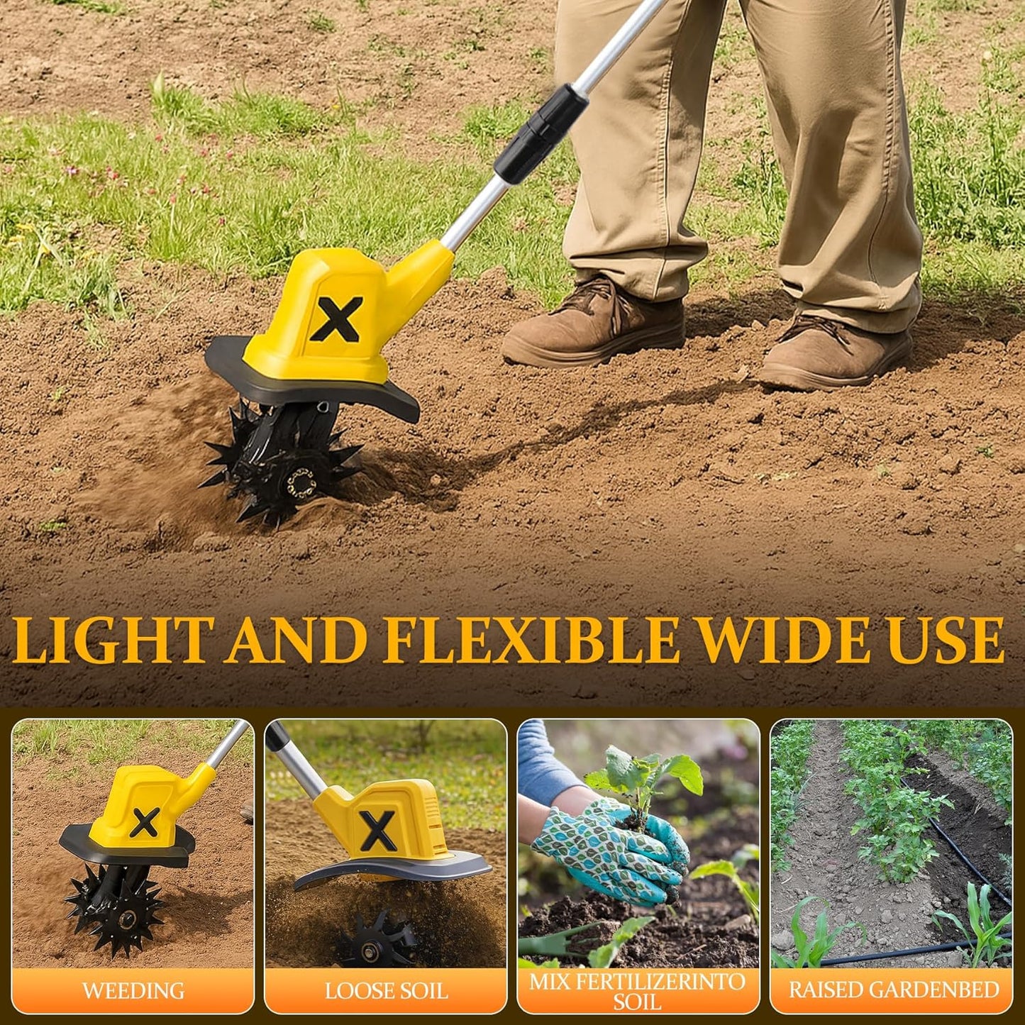 Cordless Electric Tiller, 270RPM High Speed Cordless Tiller, with 2 * 4.0Ah /21V Batteries & Charger, 9In Tilling Width and 6.6In Depth Garden Rototiller for Lawn/Gardening/Soil Cultivation