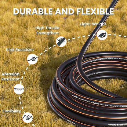 Giraffe Tools Garden Hose 25ft x 5/8", Water Hose Heavy Duty, Flexible, Lightweight Hybrid Hose with Swivel Handle, Male to Female Fittings, Burst 600 PSI
