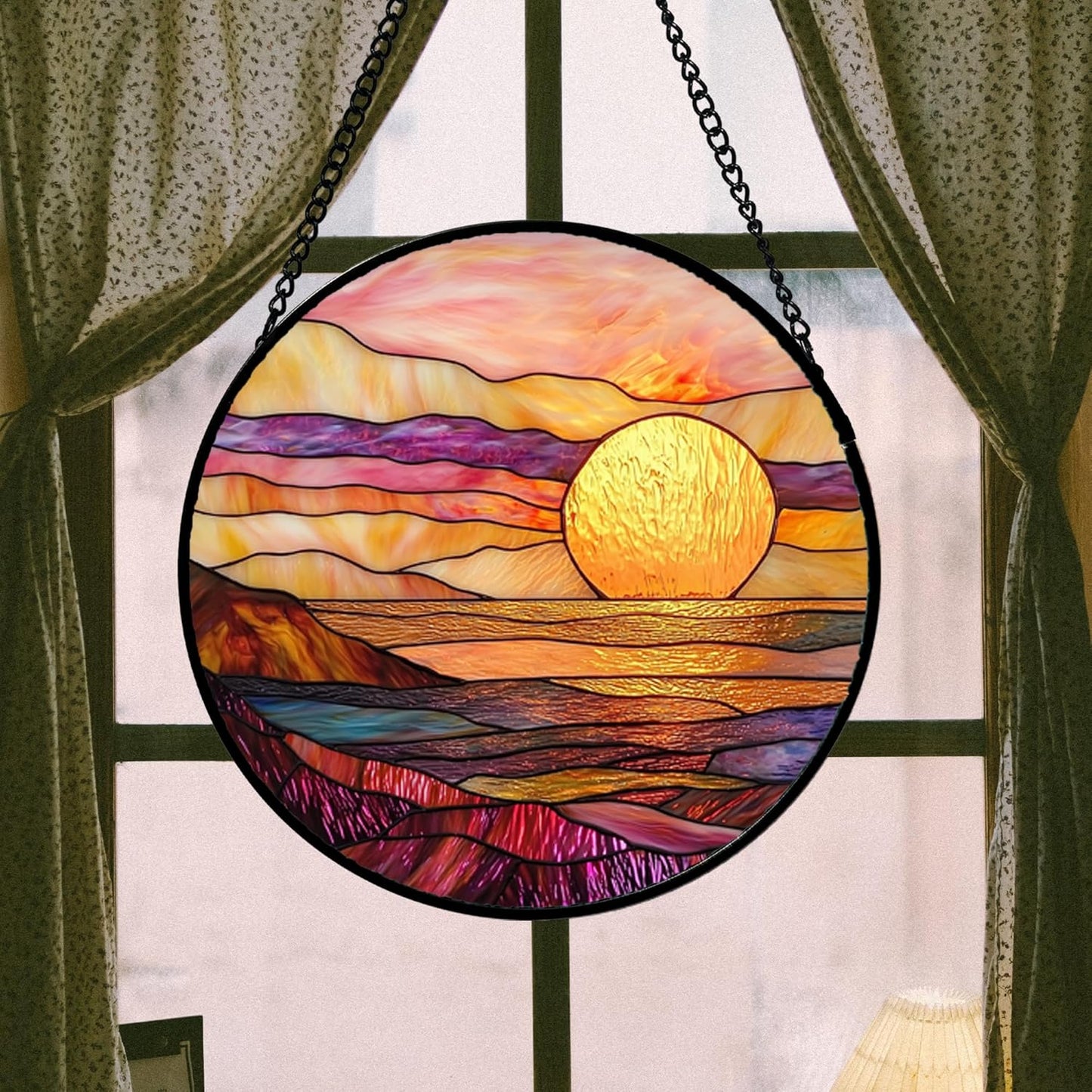 Stained Glass Window Hanging, Sparkling Sea Suncatcher Diamond Glass Panel Hangings Scenery Sun Catchers Decor for Birthday for Women, Men, Wife, Aunt, and Mom 9.8 in