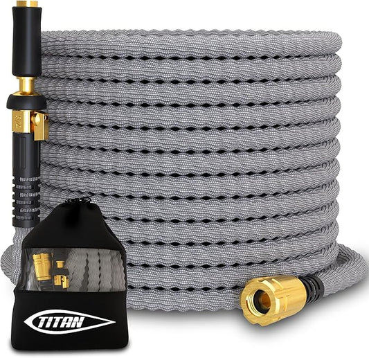 TITAN Flexible Garden Hose 15FT – Ultra Lightweight, Heavy Duty Water Hose with Brass Fittings & Jet Nozzle – Kink-Free, Non-Expanding, Durable Fabric Hose for Yard, Lawn, Car Wash, Outdoor Use