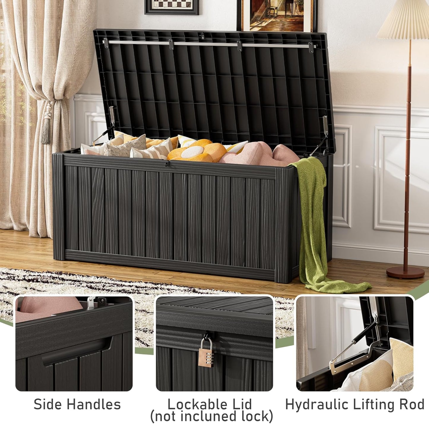 Outdoor Storage Box, Resin Deck Boxes Indoor and outdoor, Waterproof Storage Box Lockable Lid (Black, 120 Gallon)