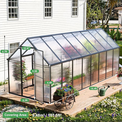 CDCASA 6x16 FT Greenhouse for Outdoors, Large Polycarbonate Greenhouse Aluminum Greenhouses w/Vent Window, Swing Door & Easy Assembly Walk-in Green House for Patio, Backyard, Garden, Black