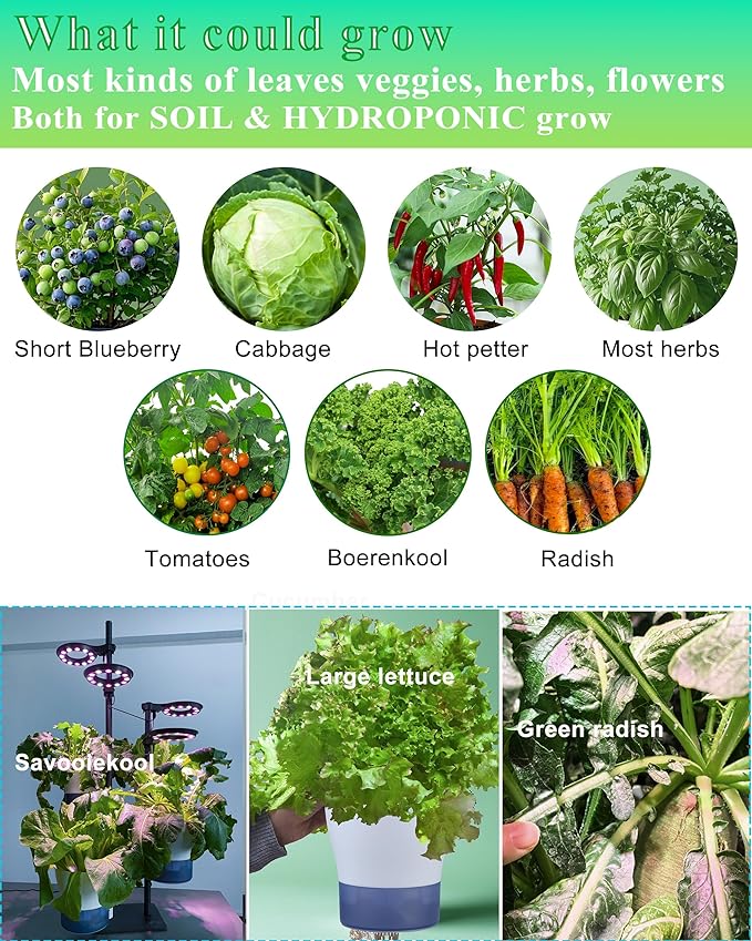 Indoor Plant Hydroponics Growing System Tower Kit with Grow light,Herb Vegetable Indoor Garden Growing System with Standing Floor Tall LED Grow Light,Height Adjustable with Timer & Metal Stand (Large)