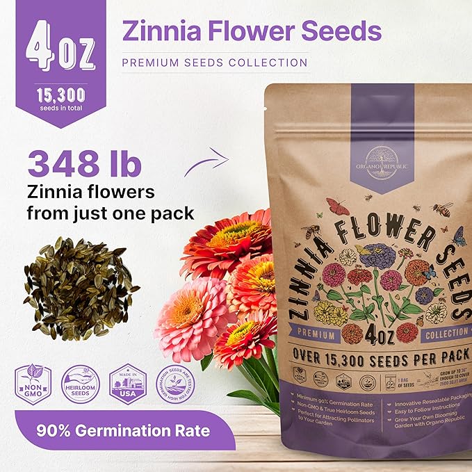 Zinnia Seeds Pack 4 oz - Over 15,300 Non-GMO Heirloom Zinnia Seeds for Planting, Annual Flowers in Individual Seed Packet for Planting Home Garden Indoor & Outdoor Gardening
