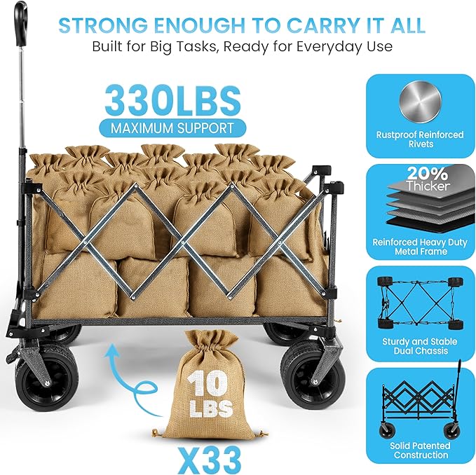 36" Collapsible Wagon Cart with Big All-Terrain Beach Wheels, Foldable Heavy Duty Wagons, Utility Carts for Camping, Garden, Outdoor, Grocery, Sports, Free Packable Backpack Included