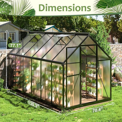6x11 FTQuick Setup Polycarbonate Greenhouse with Roof Vent, Large Aluminum Walk-in Green House for Outdoor Garden Backyard, Black