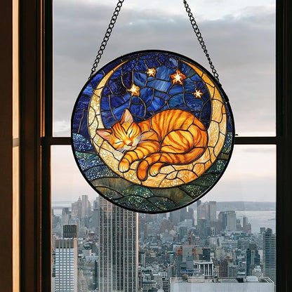 Stained Glass Window Hanging - Orange Moon Sleeping Cat Sun Catcher for Door Home Decor Blue Starry Sky Suncatcher Christmas Mother's Day Birthday Gifts for Women Men Mom Nana 9.8 in