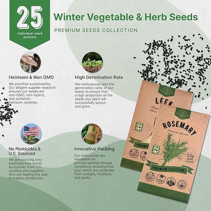 Organo Republic 25 Winter Vegetable & Herb Garden Seeds Variety Pack for Outdoors & Indoor Home Gardening 22,840+ Non-GMO Heirloom Seeds Broccoli Beet Carrot Cabbage Radish Pea Mint Thyme Parsley