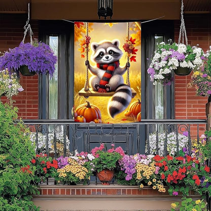 Thanksgiving Fall Garden Flag 12x18 Inch Welcome Raccoon Outdoor Flag Double Sided Autumn Yard Banner with Swing Pumpkins and Leaves for Porch Lawn Patio Seasonal Decor