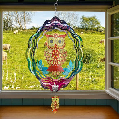 TUOKING Owl Wind Spinners Outdoor Metal 3D Hanging Art Wind Spinner 12 Inch Stainless Steel for Yard and Garden Decoration Worth Gift for Women