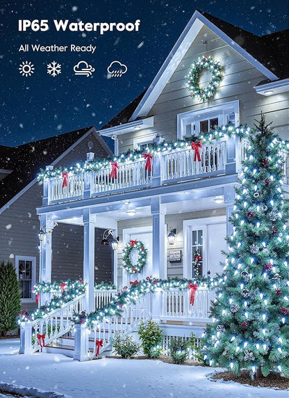 Brightown C9 Christmas Lights Outdoor, 114FT 150 LED Pure White String Lights with Timer, 8 Modes, Plug-in UL Listed Waterproof Connectable Christmas Tree Lights for House, Roof, Garden, Patio Decor