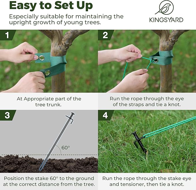 Kingsyard Heavy Duty Tree Stake Kit, 6 Pcs 16 Inch Steel Tree Stakes and Supports for Leaning Young Trees Straightening Kit Against Bad Weather, with 6Pcs Straps & 6Pcs 13ft Anchor Ropes