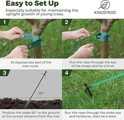Kingsyard Heavy Duty Tree Stake Kit, 6 Pcs 16 Inch Steel Tree Stakes and Supports for Leaning Young Trees Straightening Kit Against Bad Weather, with 6Pcs Straps & 6Pcs 13ft Anchor Ropes