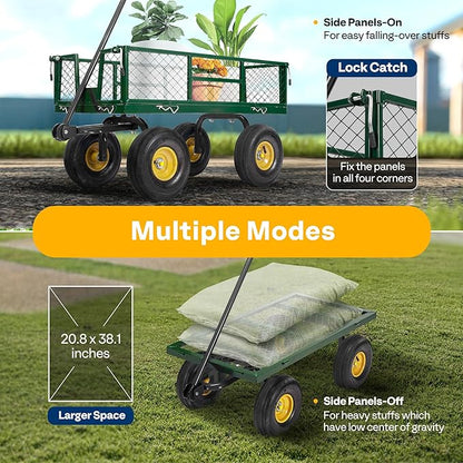 VIVOHOME Heavy Duty 880 Lbs Capacity Mesh Steel Garden Cart Folding Utility Wagon with Removable Sides and 4.10/3.50-4" Wheels 10 Inch Tire(Green)