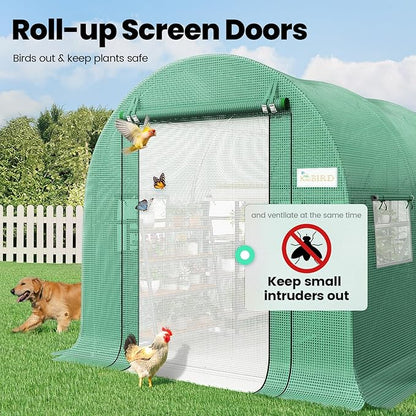 KING BIRD Premium 15x6.6x6.6FT Greenhouse for Outdoors, Large Walk-in Upgraded Galvanized Metal Frame, Mesh Door Screen Window Improved Zipper Tunnel Hoop for Garden Plant Winter, 2 Stiffeners, Green