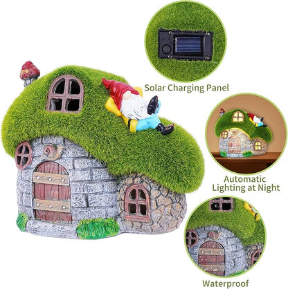ILLUMINEW House Garden Statues with Solar Lights, LED Cute Flocked Fairy House with Gnomes Garden Figurine, Outdoor Patio Yard Lawn Decorations Gift