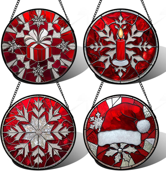 Stained Glass Window Hanging 4 Pcs Set Red Christmas Decorations Theme 7.8" - Suncatcher Door Garden Sun Catcher Decor Birthday for Mom Woman Nana Men Friend Wife