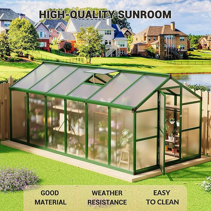 8x12 FT Polycarbonate Greenhouse with Roof Vent - Large Aluminum Walk-in Greenhouse Kit for Gardening, Backyard, Patio, Lawn - Easy Assembly