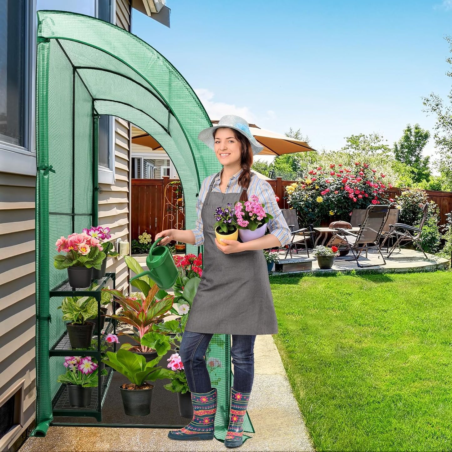 EAGLE PEAK 3 Tier Lean to Portable Greenhouse, Heavy-Duty Indoor & Outdoor Garden with Wire Shelves, 2 Roll-Up Zipper Doors, Easy Assembly, 79"x39"x83" Clear/Green PE Cover