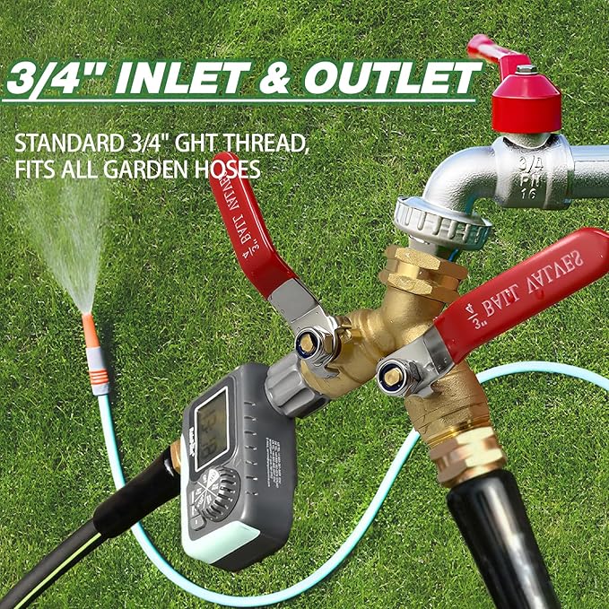 2 Way Garden Hose Splitter, Solid Brass High Flow Spigot Splitter with 3/4” GHT Thread, Individual Shut-Off Valves & Long Handle, Heavy Duty Hose Manifold for Outdoor Faucet