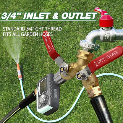 2 Way Garden Hose Splitter, Solid Brass High Flow Spigot Splitter with 3/4” GHT Thread, Individual Shut-Off Valves & Long Handle, Heavy Duty Hose Manifold for Outdoor Faucet