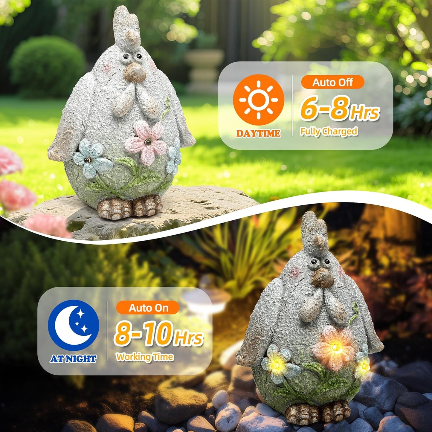 Solar Chicken Garden Statue with LED Lights for Outdoor Decoration,Chicken Statue Sculpture Yard Decorations, Outdoor Animal Figurine Gifts for Garden Patio Lawn Backyard Farmhouse