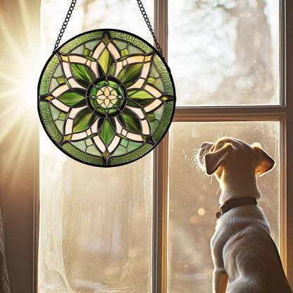 Stained Glass Window Hanging - White Green Boho Flower Suncatcher for Doors Window Home Sun Catchers Decor Christmas Mother's Day Birthday Gifts for Teacher Women Men Mom Nana 9.8 in