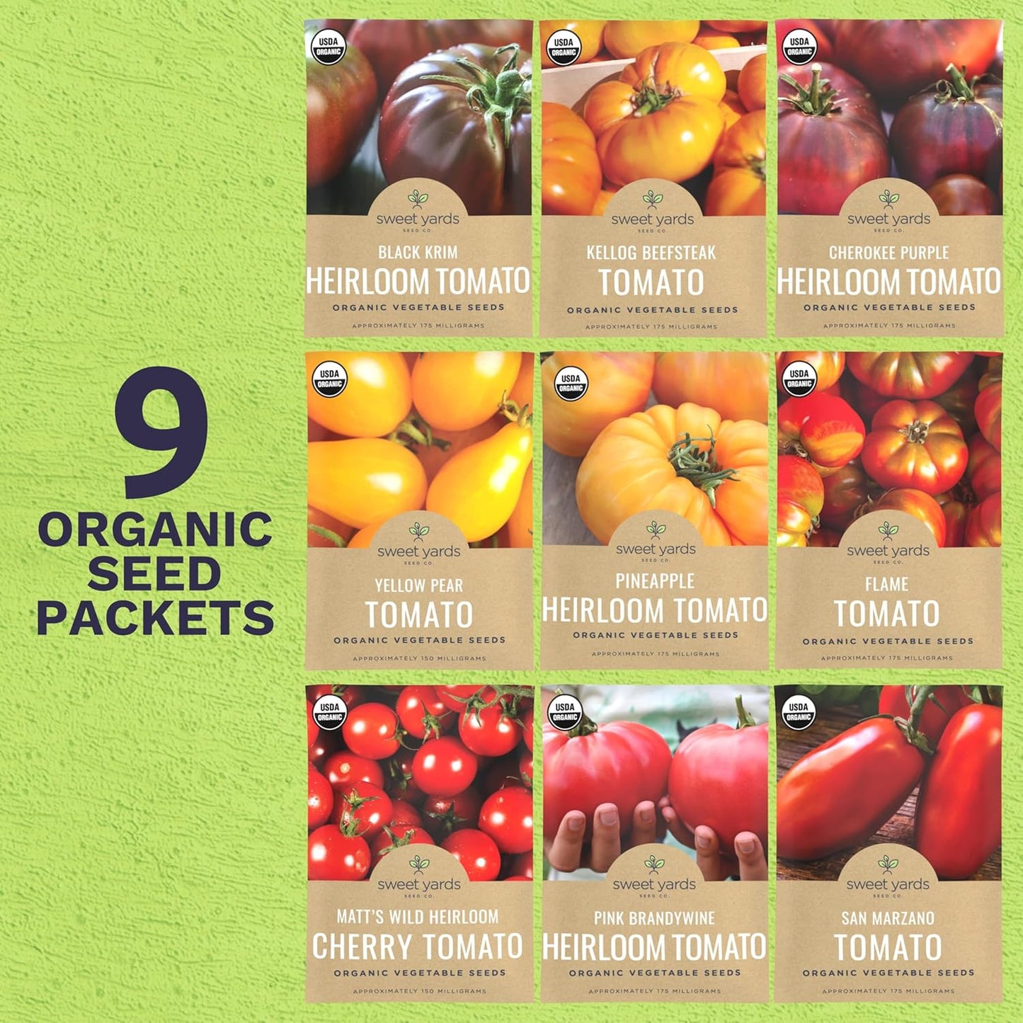 Organic Tomato Seeds Variety Pack - 9 Individual Packs - 2025 Season - Roma, Cherry, Black Krim, Yellow Pear, Pineapple and More! for Indoor & Outdoor Planting (Non-GMO, Certified Organic)