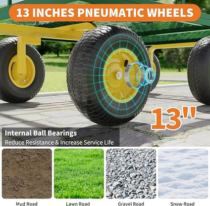 Metal Wagon - 1200lbs Garden Cart with 10" Multi-Terrain Tires, 4 Removable Mesh Sides & 180° Swivel Handle, Yard Wagon Cart for Lawn, Yard, Patio Gardening