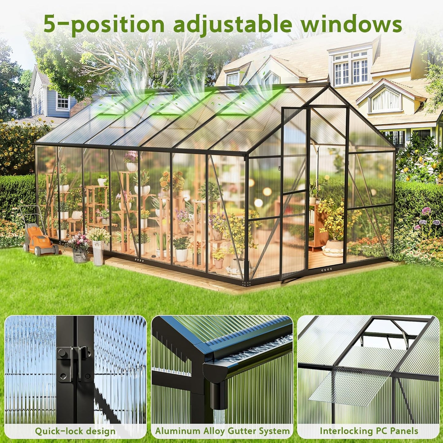 Wanan 14x8FT Greenhouses for Outdoors, Quick Assembly Polycarbonate Green House with UV Protection, Heavy Duty Windproof Aluminum Frame, Adjustable Roof Vent for Backyard or Outdoor Garden Use