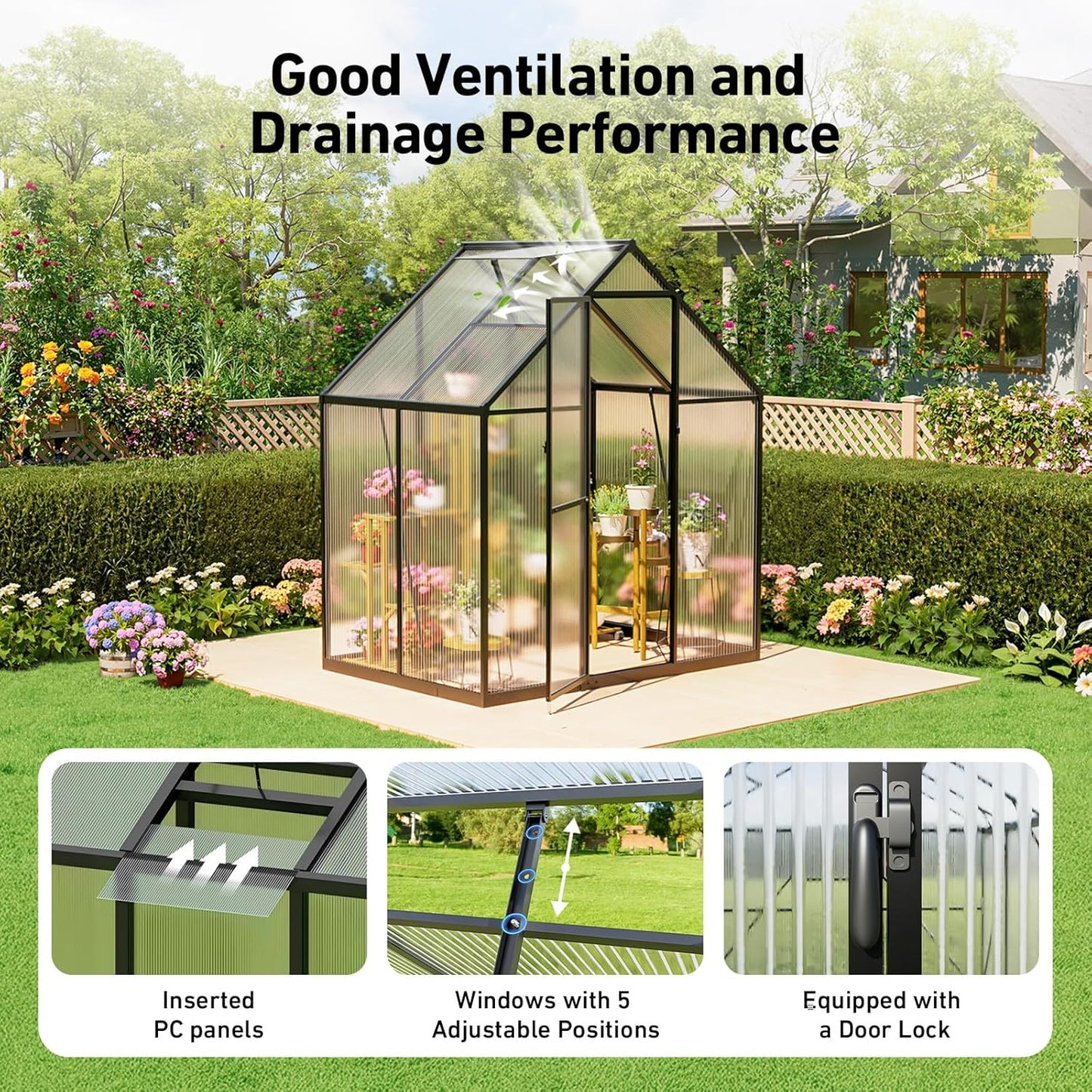 6x4FT Outdoor Greenhouse, Polycarbonate Green House, Small Walk-in Greenhouse with Vented Roof Window, Windproof Aluminum Frame with Hygrometer , Suitable for Gardening