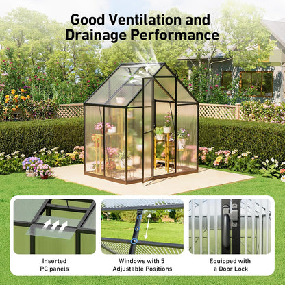 6x4FT Outdoor Greenhouse, Polycarbonate Green House, Small Walk-in Greenhouse with Vented Roof Window, Windproof Aluminum Frame with Hygrometer , Suitable for Gardening