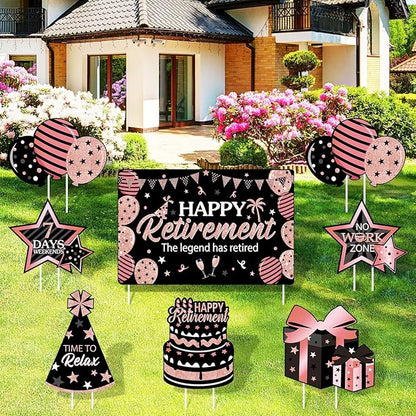 Yulejo 8 Pieces Retirement Yard Sign Decorations Happy Retirement Yard Signs Retirement lawn Sign with Stakes for Outdoor Retirement Party Supplies 16inch (Rose Gold and Black)