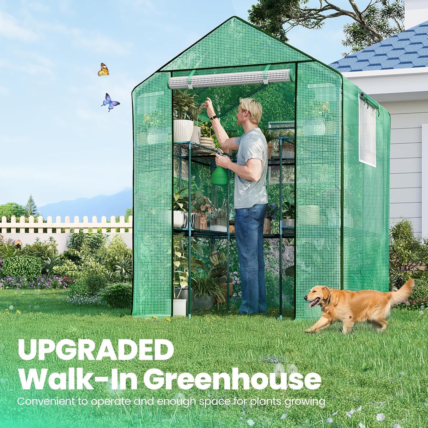 KING BIRD Premium Greenhouse for Outdoors, 56 x 56 x 77 Upgraded PE Cover & Steel Frame Walk in Hot House, w/ Zippered Screen Windows Mesh Door, 3 Tiers 14 Shelves for Outside Garden, Green