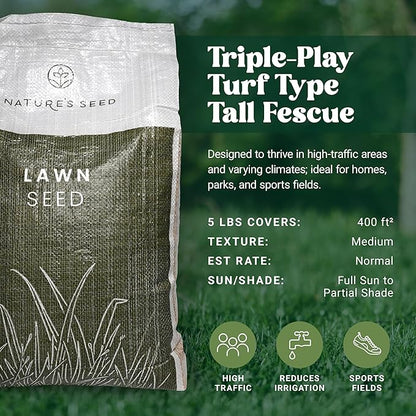 Nature’s Seed Triple-Play Turf Type Tall Fescue Grass Seed Blend, High-Traffic, Heat and Drought Tolerant, for Garden, Lawn, Yard, 5 Lbs