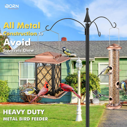 iBorn Bird Feeders for Outdoors, Metal Bird Feeder, Wild Bird Feeders for Cardinal, 2.4LBS Capacity,18cm Large Roof, Lantern Style, Brush Copper