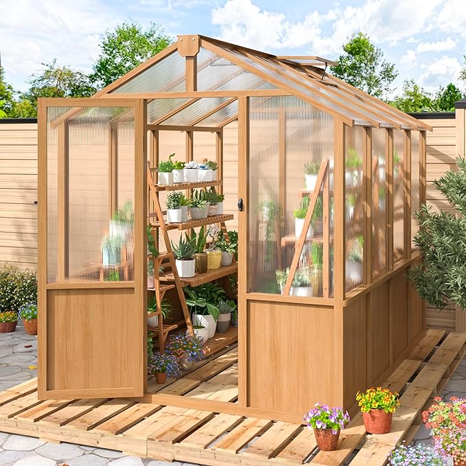 6x8 FT Greenhouse, 6MM Thick Polycarbonate Panel Wooden Walk-in Green House with Adjustable Roof Vents and Lockable Door,Garden Backyard, Patio, Lawn, Brown