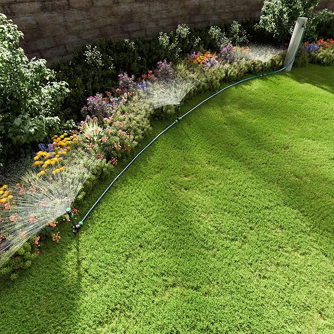 RESTMO Flexible Sprinkler System with Metal Spike Base, Above Ground DIY Irrigation Kit, Multi-Adjustable Lawn Sprinkler Set, Ideal for Plant and Flower Bed Watering, 30ft Garden Hose Included