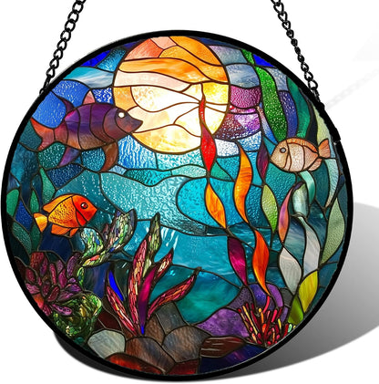Stained Glass Window Hanging - Blue Ocean World Small Fish Coral Sun Catcher for Door Garden Home Decor Sea Suncatcher Christmas Mother's Day Birthday Gifts for Women Men Mom Nana 9.8 in
