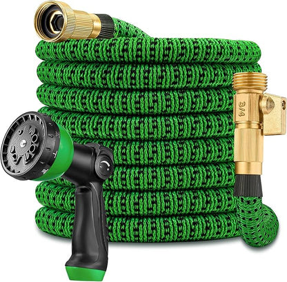 100 ft Garden Hose – 2025 New Expandable Garden Hose w/10-Function Spray Gun, Pure Brass 3/4” Fittings – Lightweight, Durable, and Kink-Free, 100ft Retractable Water Hoses for Gardening(Green Black)