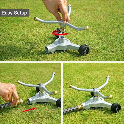 Eden 94129 Metal 3-Arm Revolving Sprinkler on Wheel Base W/Quick Connect Starter Set, Heavy Duty, Garden Hose Sprinkler, Lawns, Circular, Coverage up to 1390 sq.ft