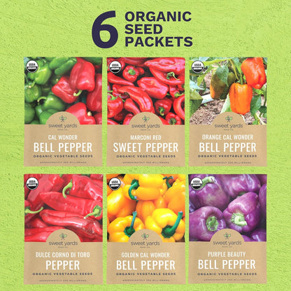 Organic Sweet Pepper Seeds Variety Pack - 6 Individual Packs - 2025 Season - Red, Orange, Yellow, Green and More! for Indoor & Outdoor Planting (Non-GMO, Certified Organic)