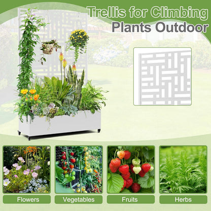 Raised Garden Bed with Trellis and Wheels,73"x47"x16" Metal Raised Garden Bed,White Modern Metal Planter with Climbing Trellis for Vines & Vegetables